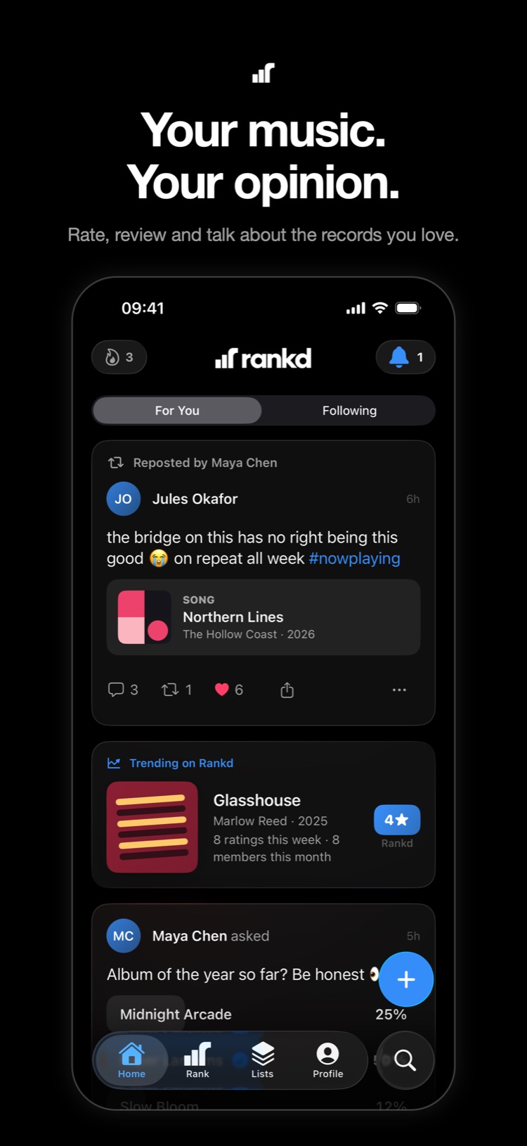 The Rankd home feed: posts, ratings and trending albums from the community